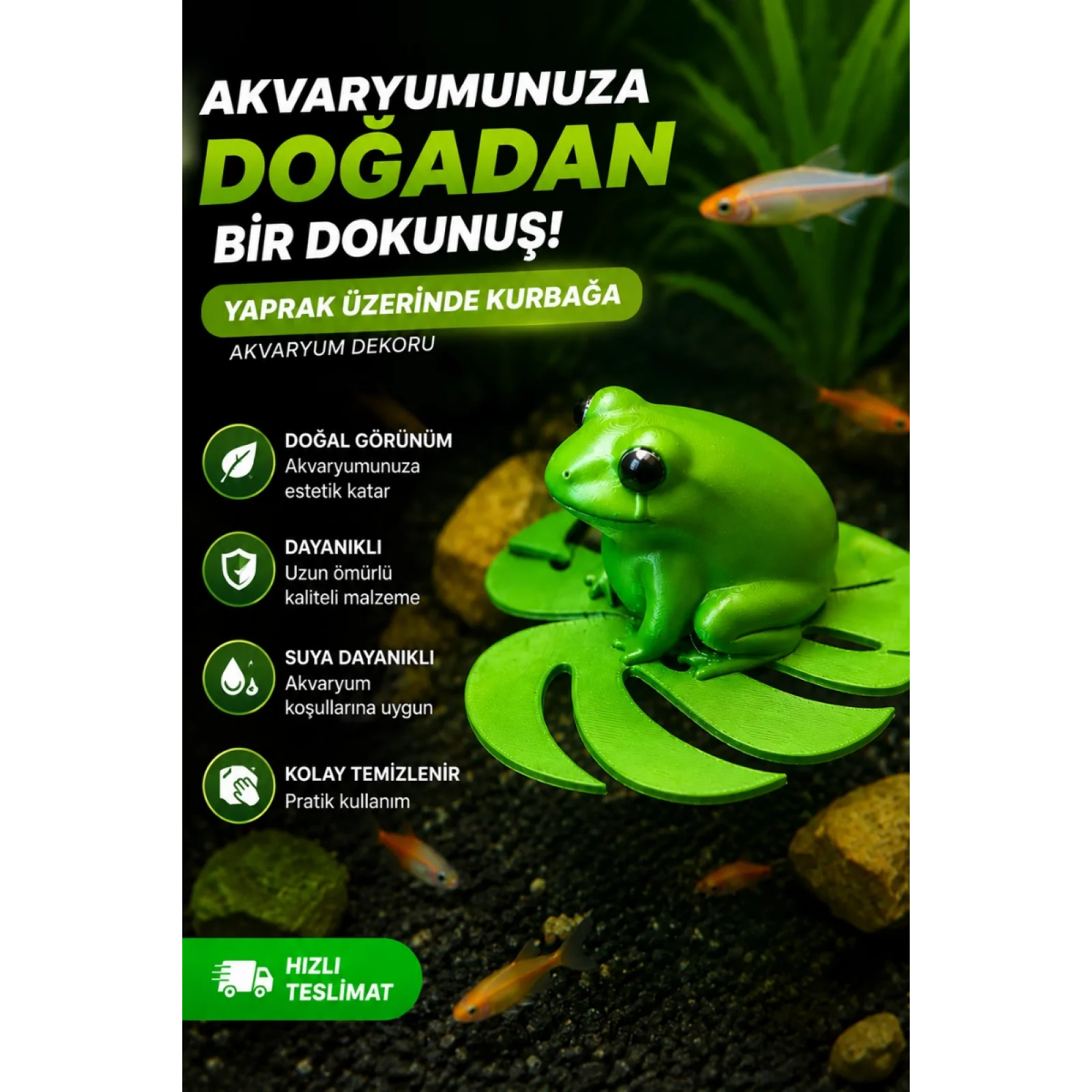 Akvaryum Dekoru Yapraklı Kurbağa Figürü Plastik Dekor Süs Aksesuar
