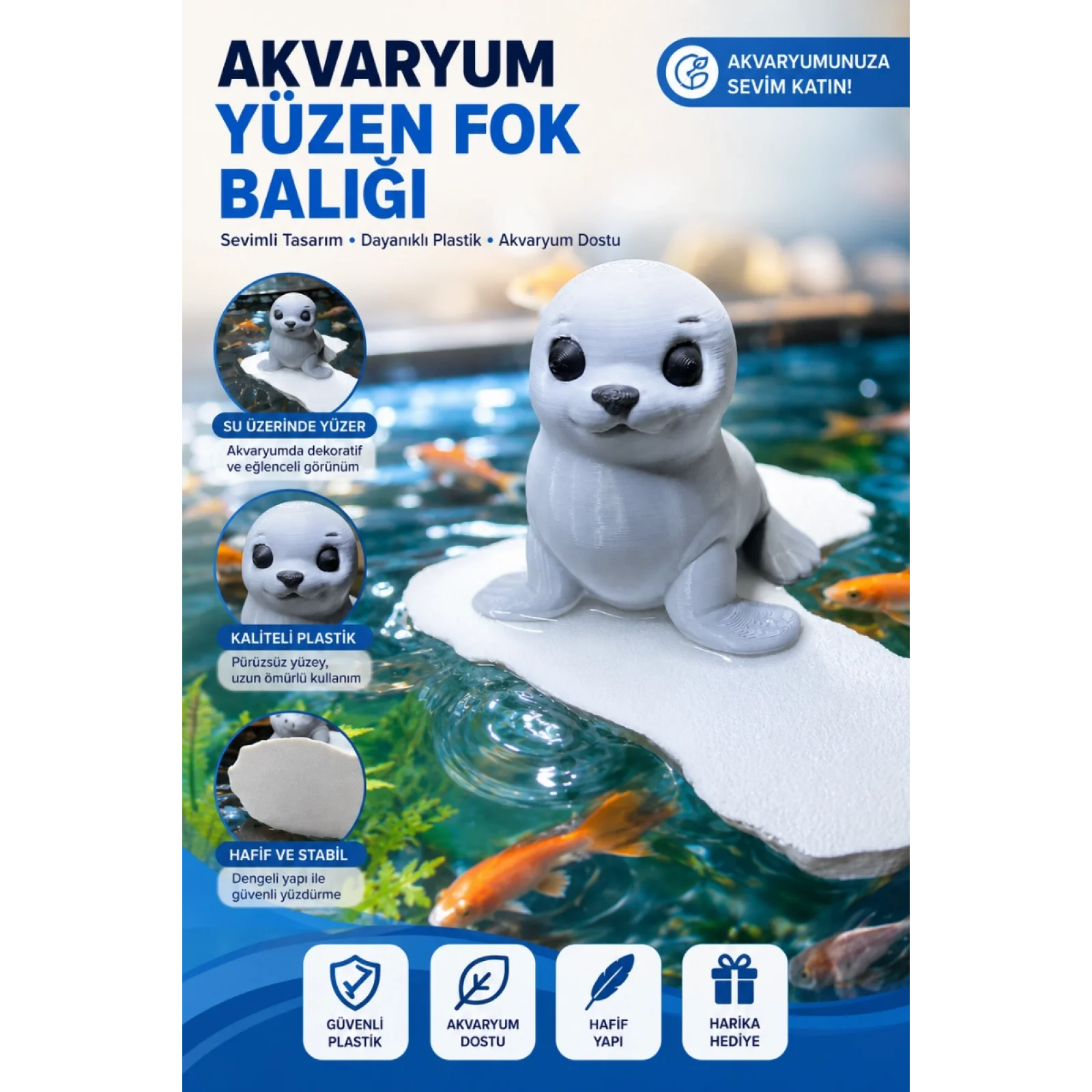 Akvaryum ve Fanus İçin Yüzen Fok Balığı Dekoru – Su Üstünde Yüzen Sevimli Plastik Akvaryum Süsü