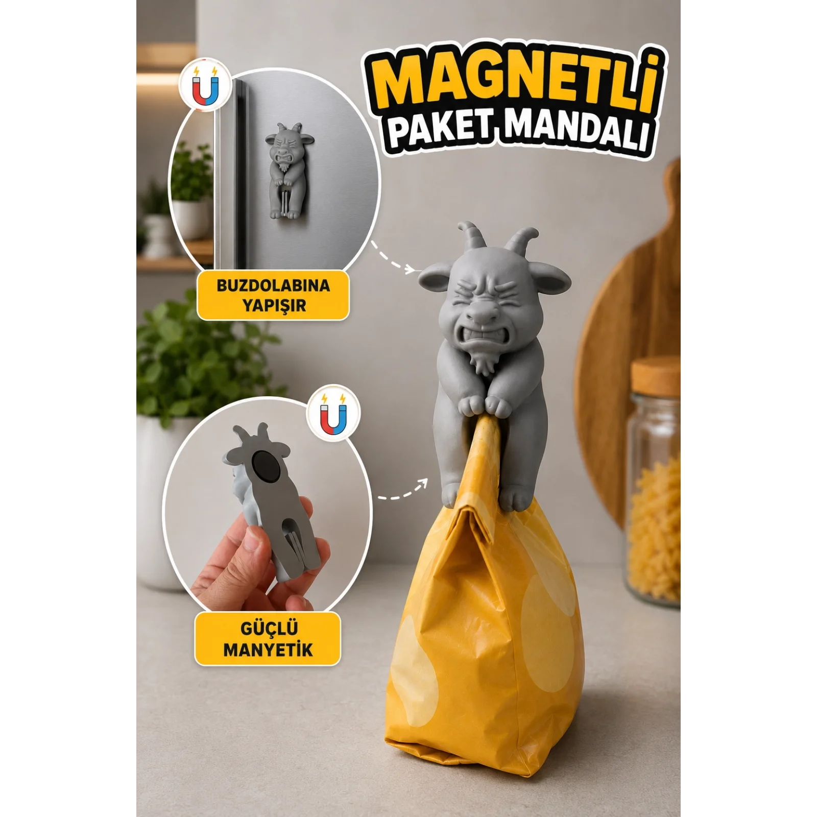 Paket Poşet Klipsi - Magnetli Buzdolabı Poşeti Mandalı Klipsi - Paket Kilidi Plastik Klips Keçi Hayvan Figürlü