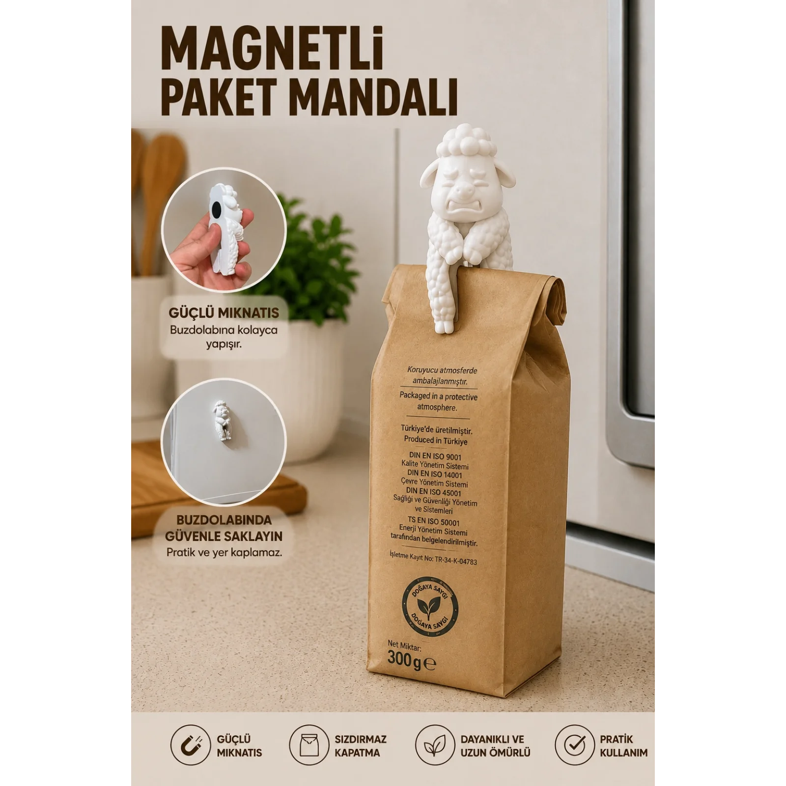Paket Poşet Klipsi - Magnetli Buzdolabı Poşeti Mandalı Klipsi - Paket Kilidi Plastik Klips Koyun Hayvan Figürlü