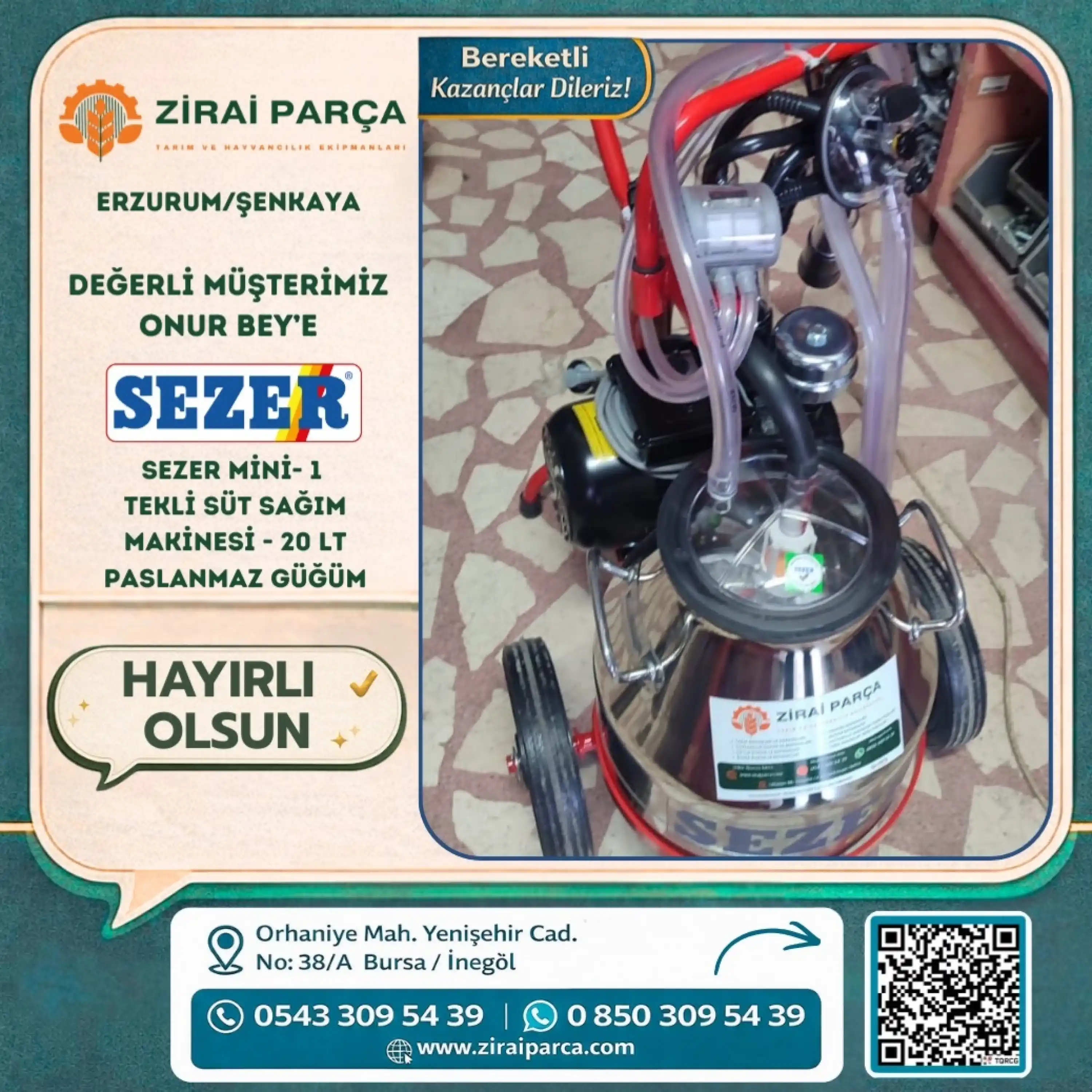 Sezer Mini-1 (20 Lt) Süt Sağım Makinesi