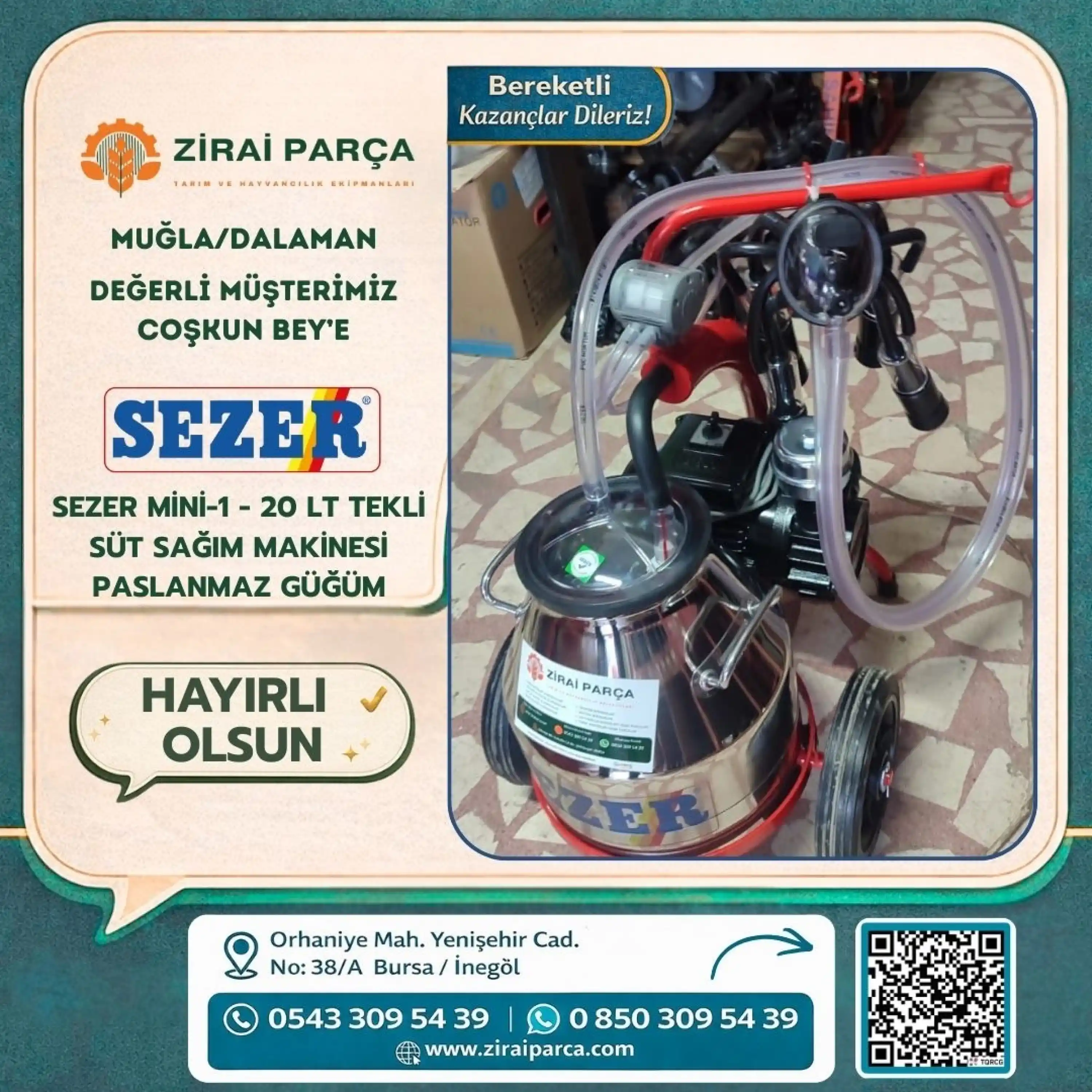 Sezer Mini-1 (20 Lt) Süt Sağım Makinesi