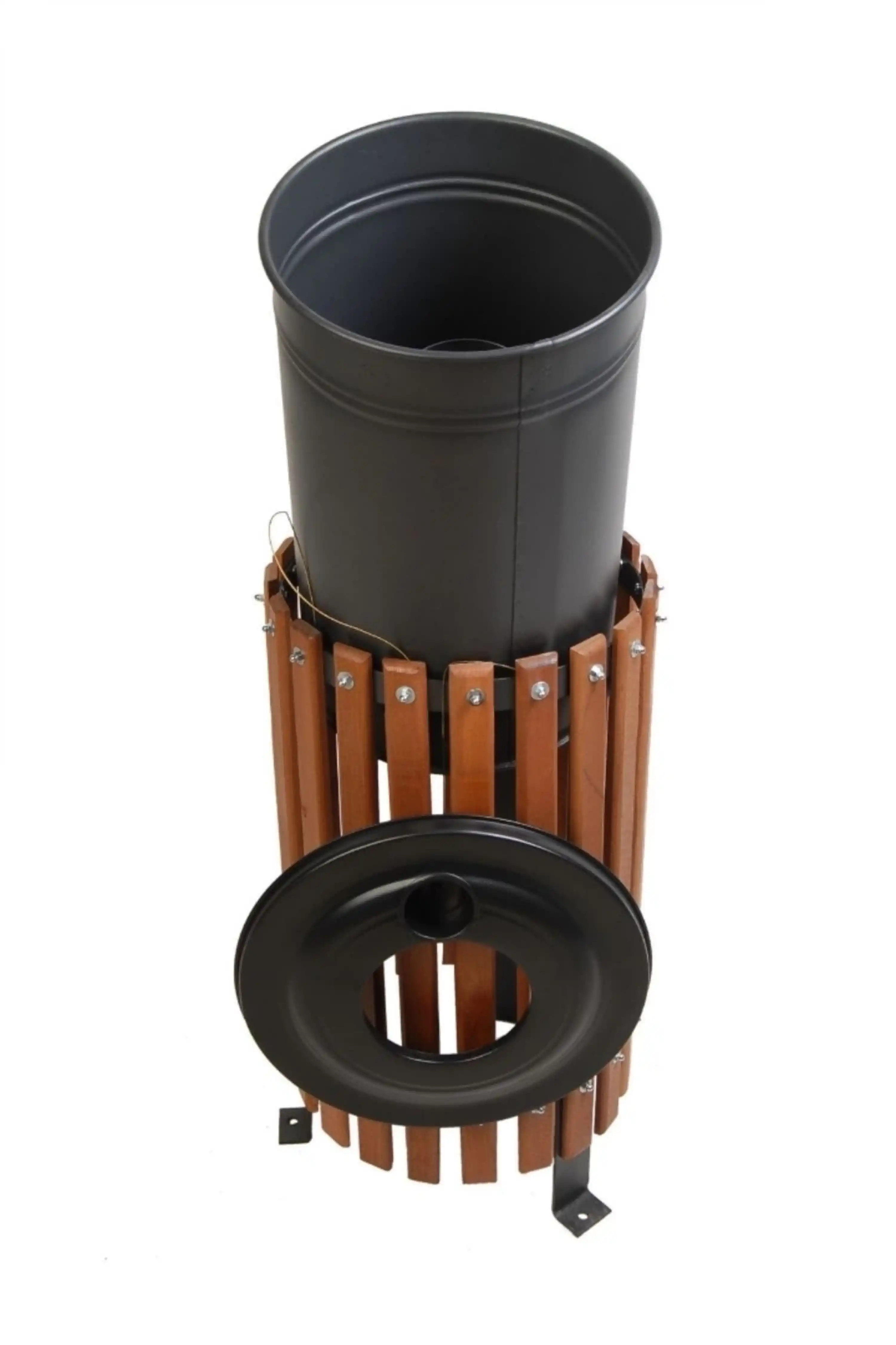 Ahşap Çemberli Bahçe Çöp Kovası - Kapaklı Model