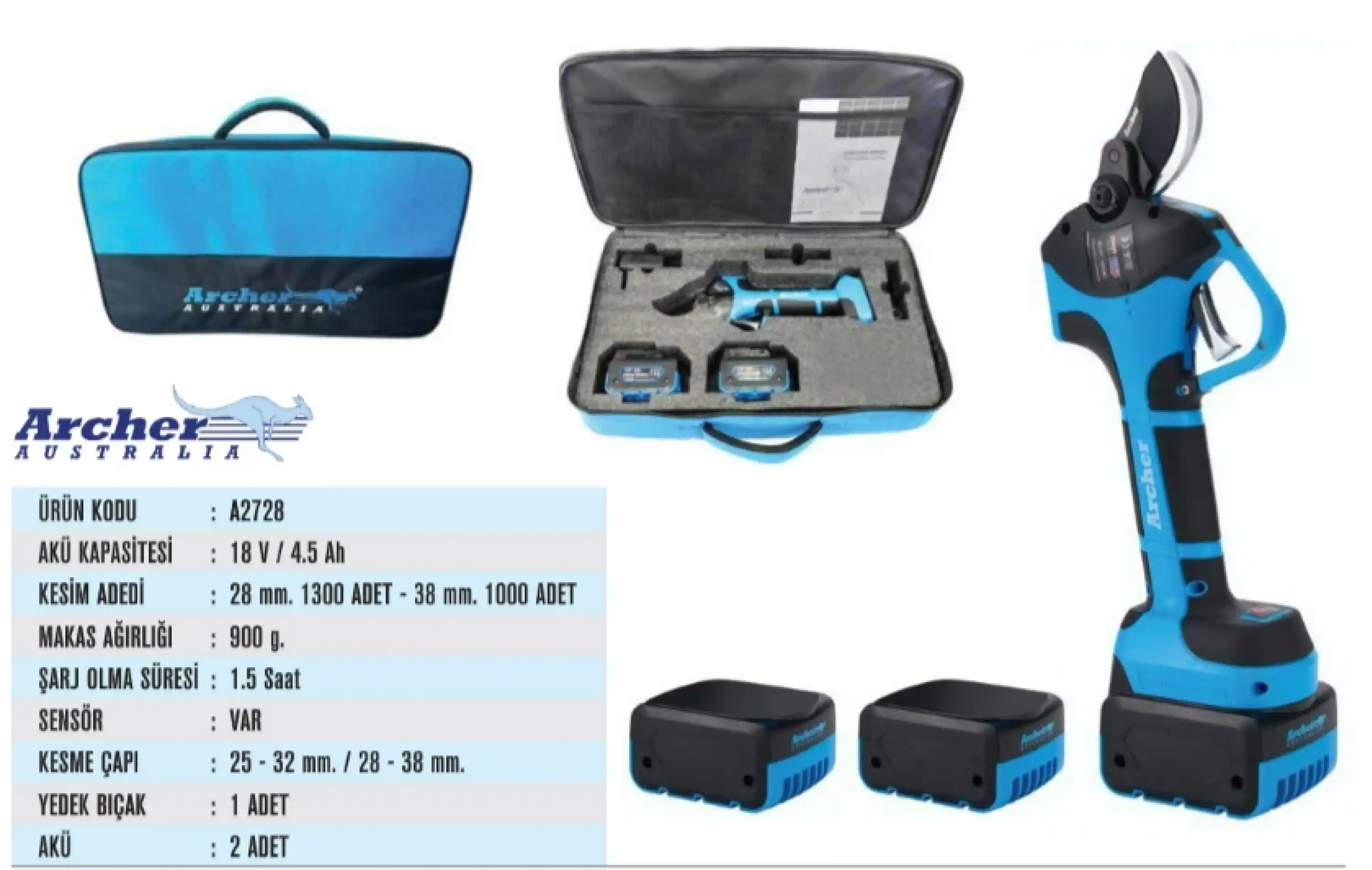 Archer A2728 Şarjlı Budama Makası (18 V / 4.5 Ah – 32 mm / 38 mm Kesim Kapasitesi)