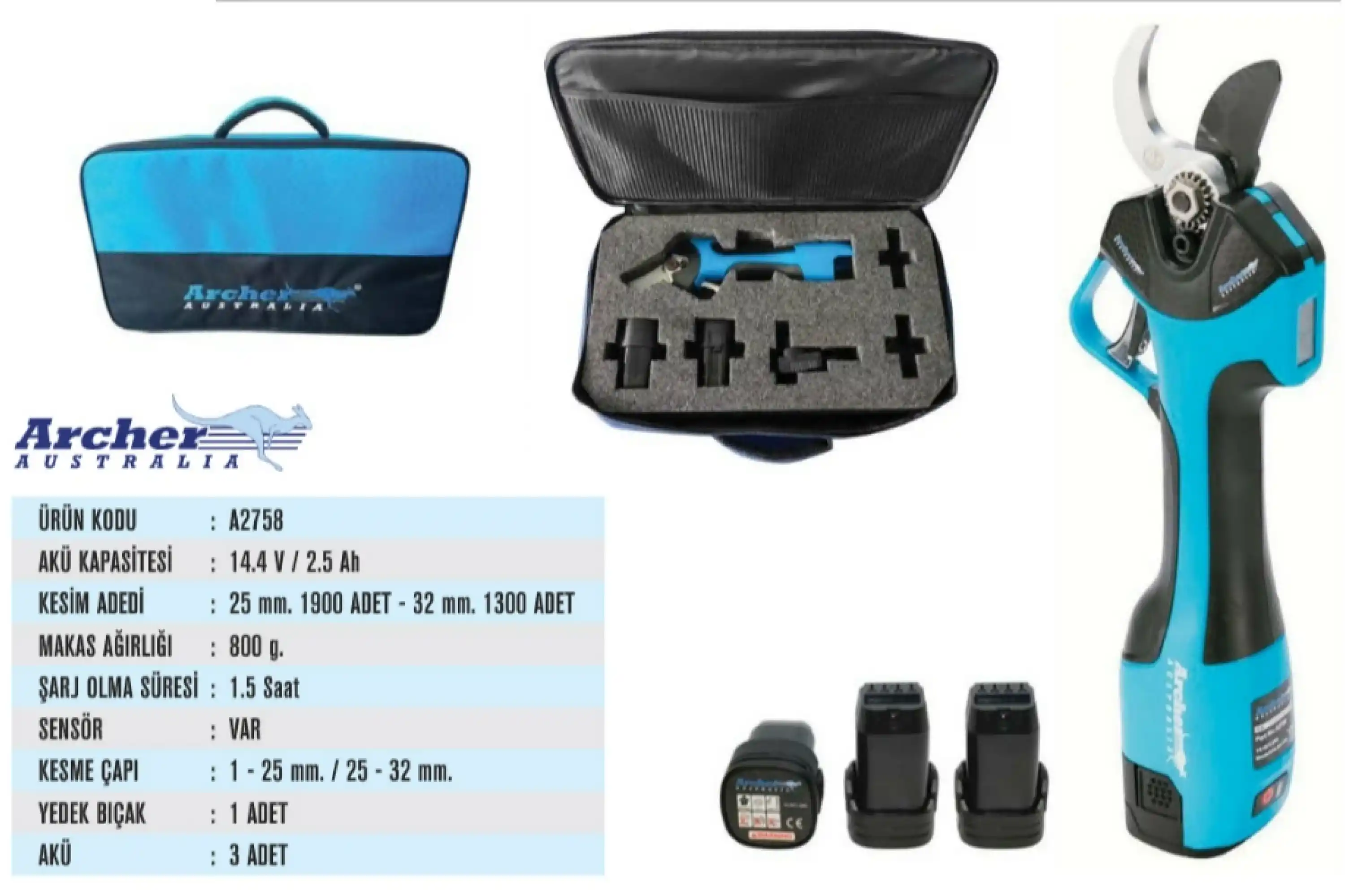Archer A2758 Şarjlı Budama Makası (14.4 V / 2.5 Ah – 25 mm / 32 mm Kesim Kapasitesi)