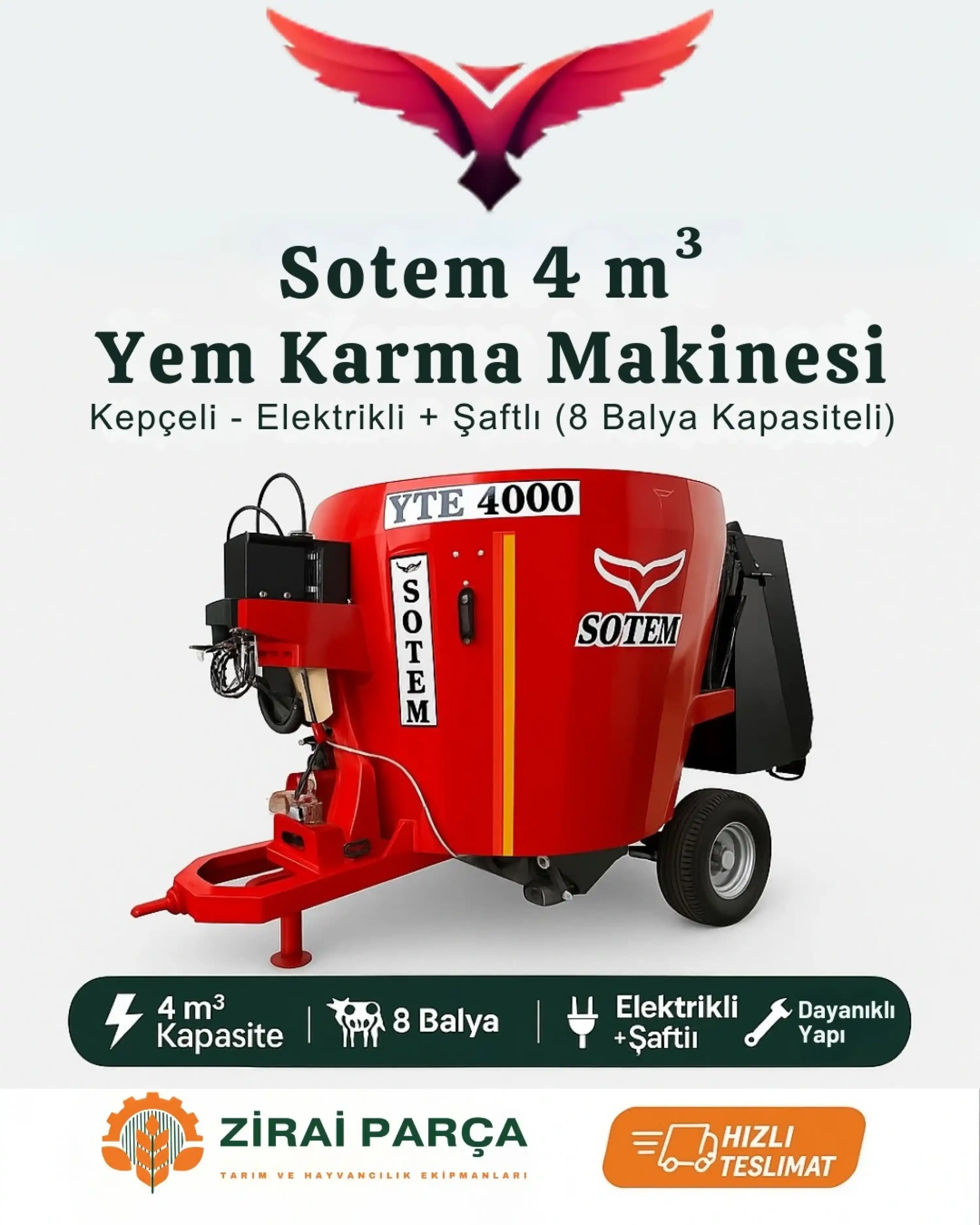 Sotem 4 m³ Metreküp Kepçeli - Şaftlı (8 Balya Kapasiteli) Yem Karma Makinesi