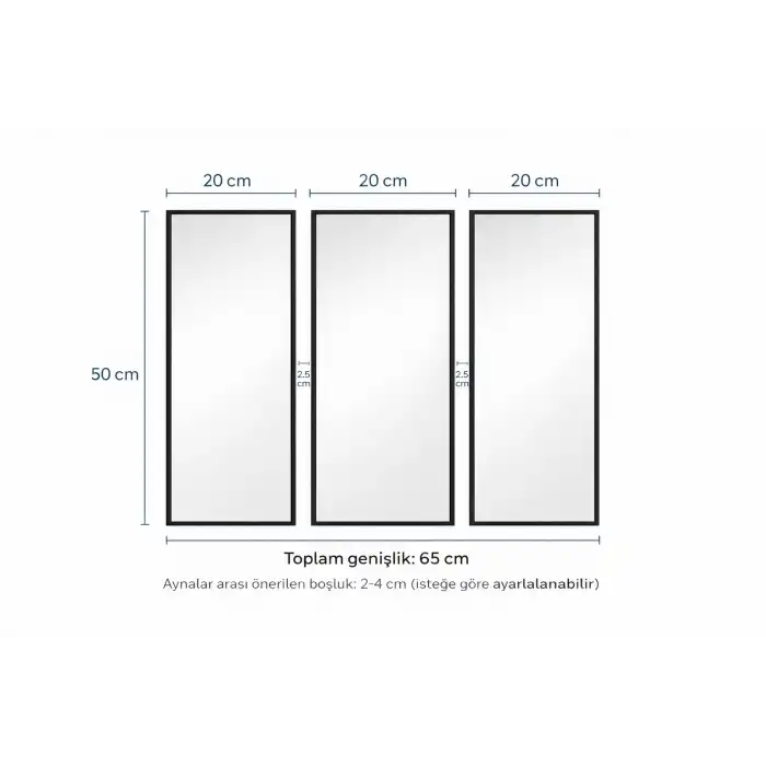 2’li / 3’lü Dekoratif Ayna Seti 20x50 cm Siyah Çerçeveli Duvar Aynası