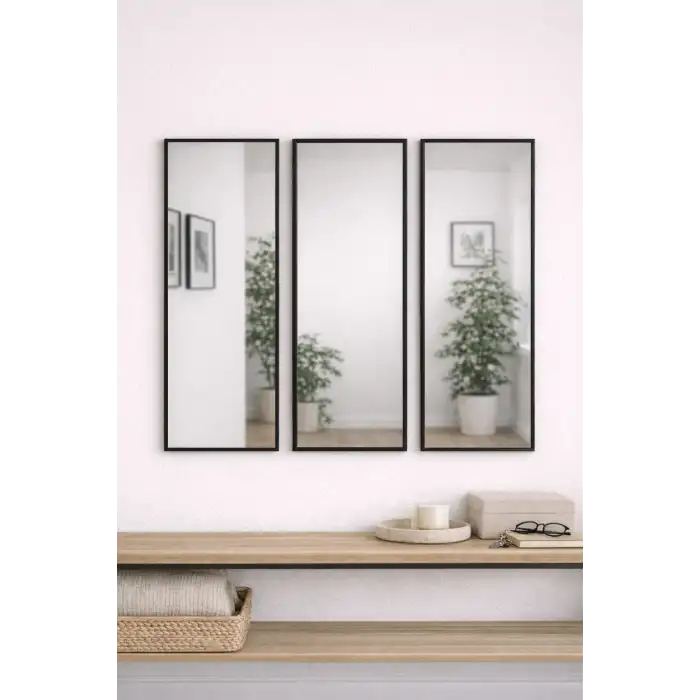 2’li / 3’lü Dekoratif Ayna Seti 20x50 cm Siyah Çerçeveli Duvar Aynası