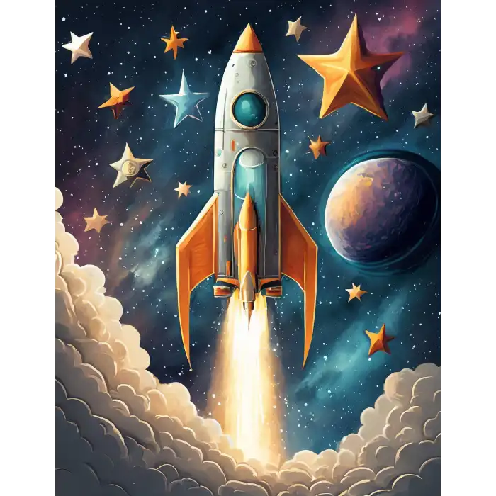 Uzay Roketi ve Yıldızlar Çocuk Odası Posteri