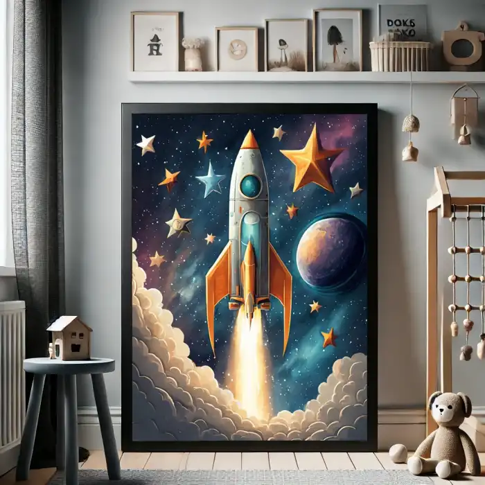 Uzay Roketi ve Yıldızlar Çocuk Odası Posteri