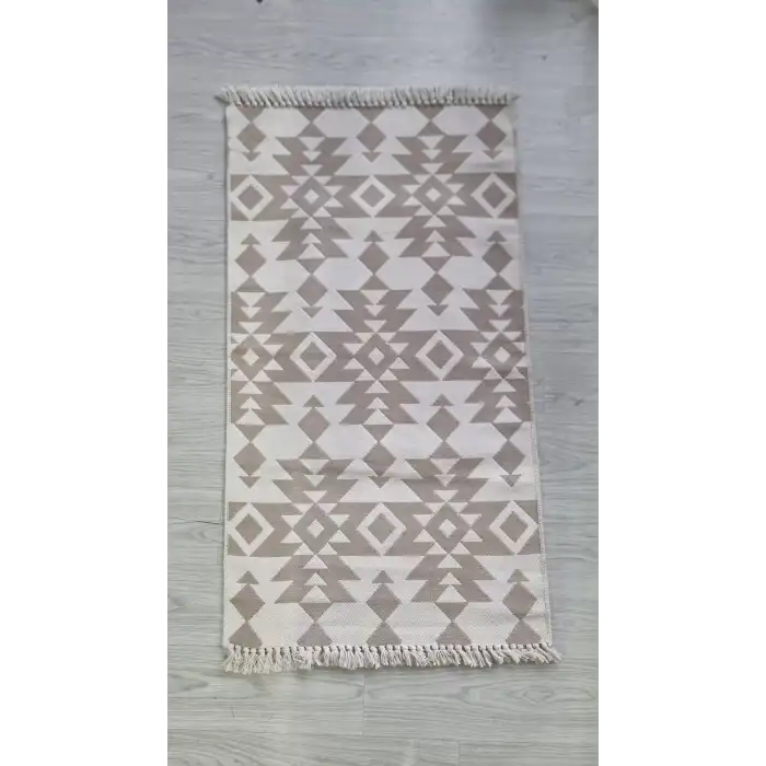 Bej Üçgen Desenli El Dokuması Kilimi - 85x160 cm