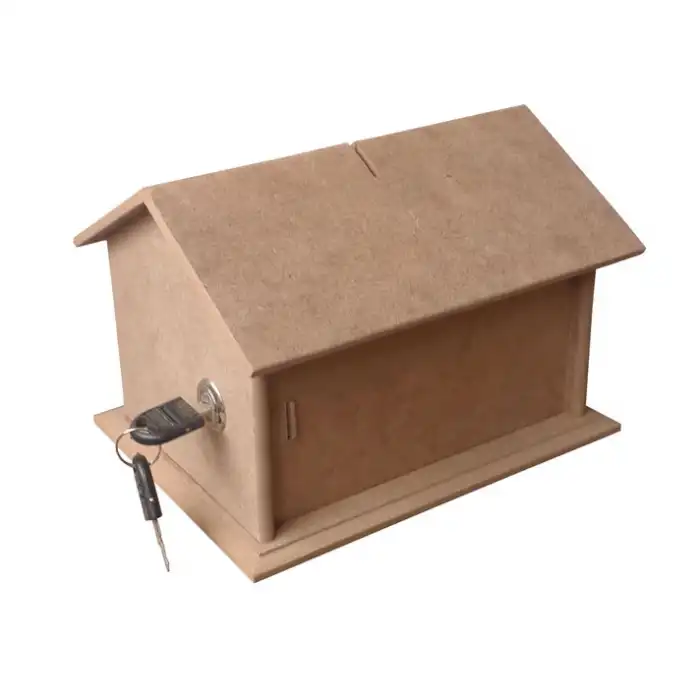 Ev Şeklinde Bahşiş Kutusu Ham MDF | Kilitli ve Dekoratif Saklama Kutusu