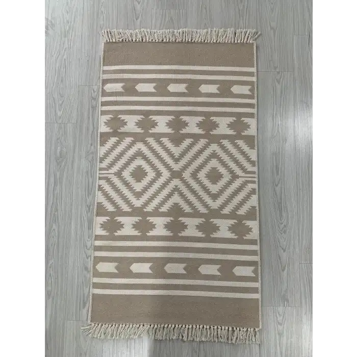 Bej Geometrik Desenli El Dokuması Kilimi - 85x160 cm