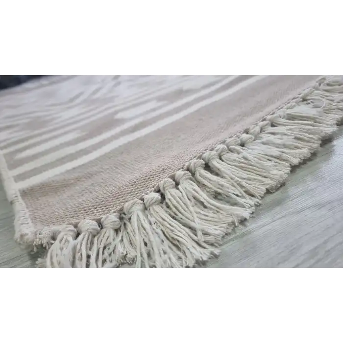 Bej Geometrik Desenli El Dokuması Kilimi - 85x160 cm