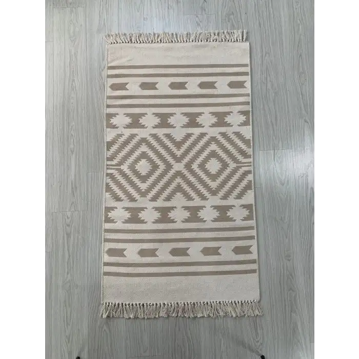 Bej Geometrik Desenli El Dokuması Kilimi - 85x160 cm