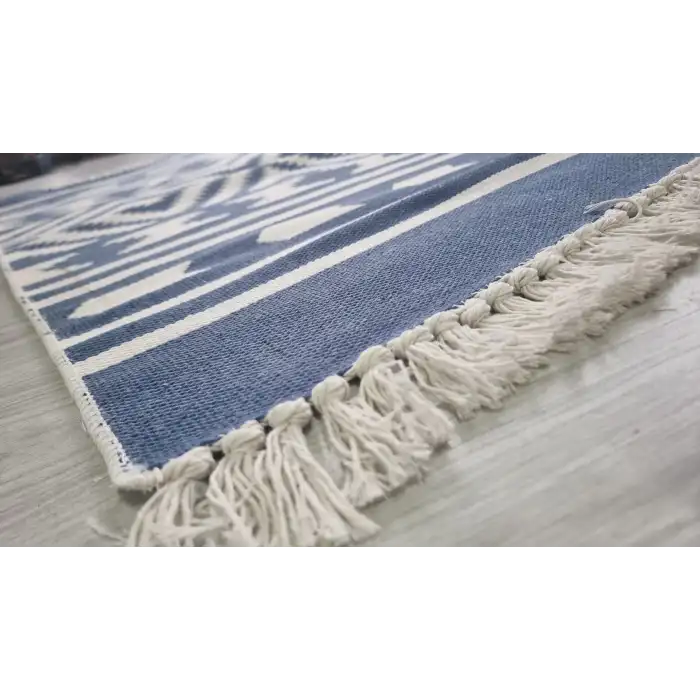 Mavi Geometrik Desenli El Dokuması Kilimi - 85x160 cm