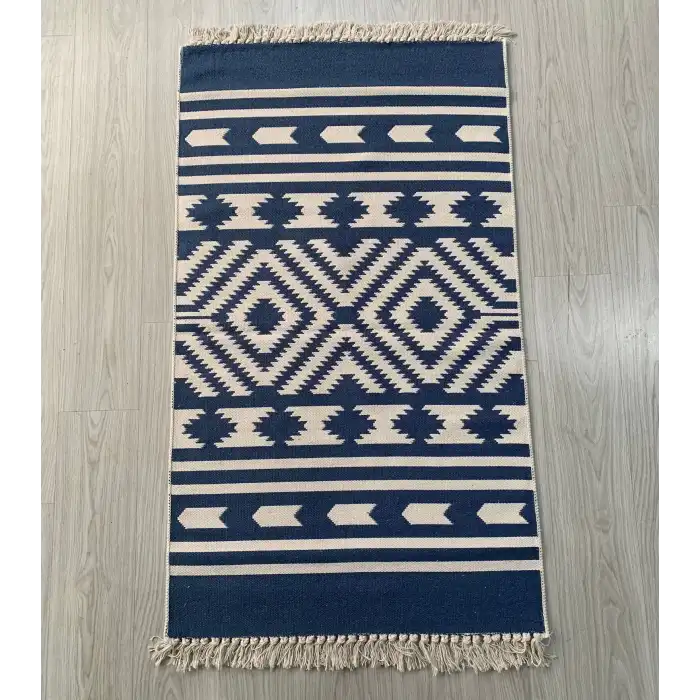 Mavi Geometrik Desenli El Dokuması Kilimi - 85x160 cm