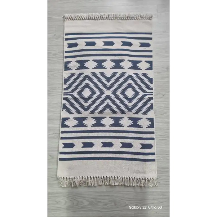 Mavi Geometrik Desenli El Dokuması Kilimi - 85x160 cm
