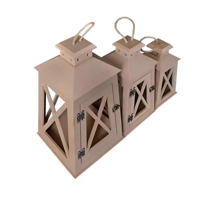 3lü Dekoratif Ahşap MDF Yatık Fener Seti | Rustik Mumluk