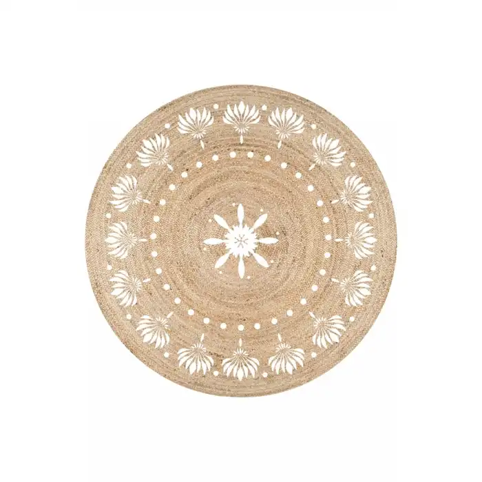 Beyaz Çiçek Desenli Yuvarlak Jüt Örme Doğal Hasır Kilim