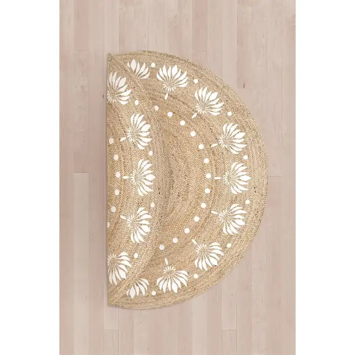 Beyaz Çiçek Desenli Yuvarlak Jüt Örme Doğal Hasır Kilim