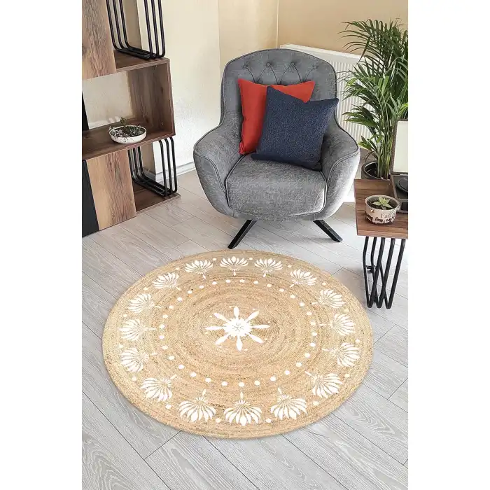 Beyaz Çiçek Desenli Yuvarlak Jüt Örme Doğal Hasır Kilim