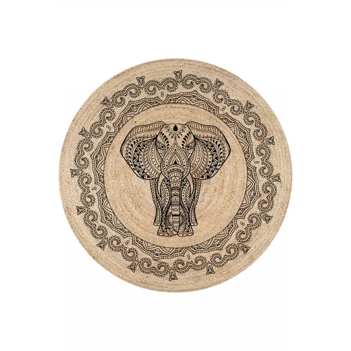 Etnik Fil Desenli Yuvarlak Jüt Örme Doğal Hasır Kilim