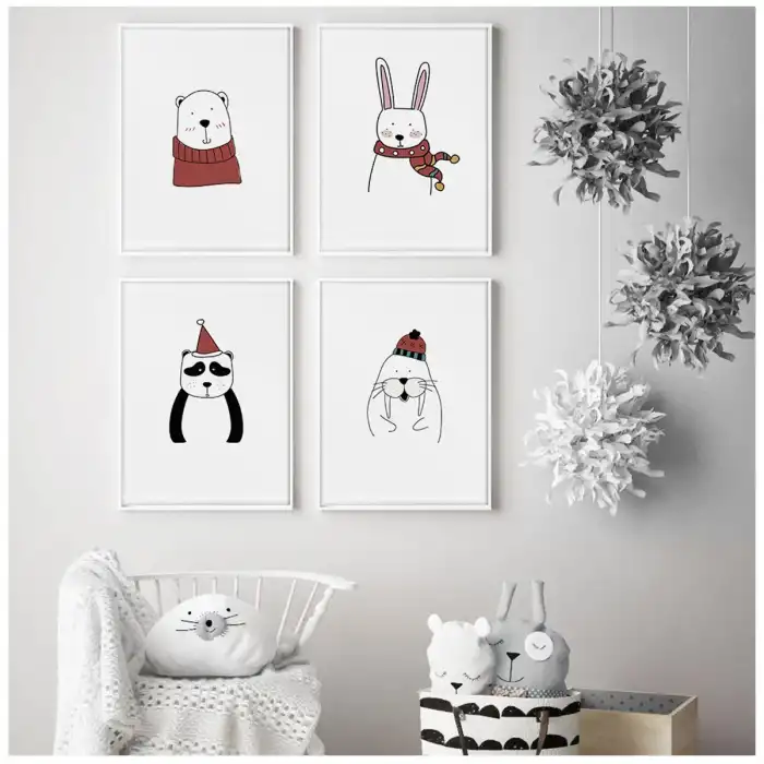 Kırmızı Hayvanlar Çocuk Odası Poster Tablo Seti