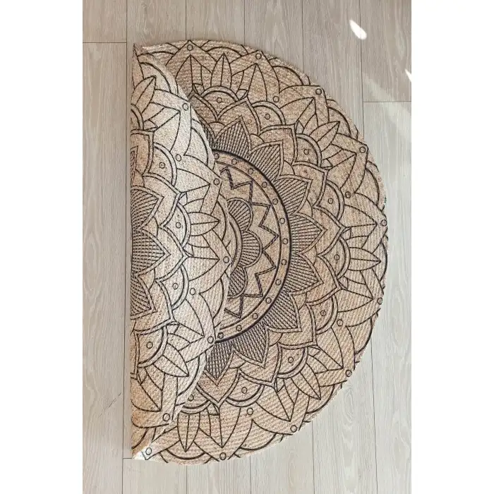 Mandala Desenli Yuvarlak Jüt Örme Doğal Hasır Kilim