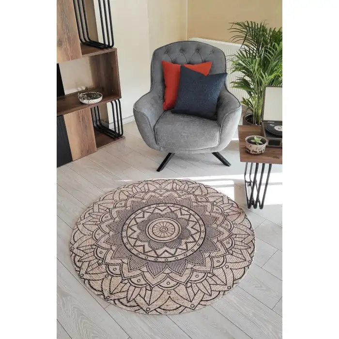 Mandala Desenli Yuvarlak Jüt Örme Doğal Hasır Kilim