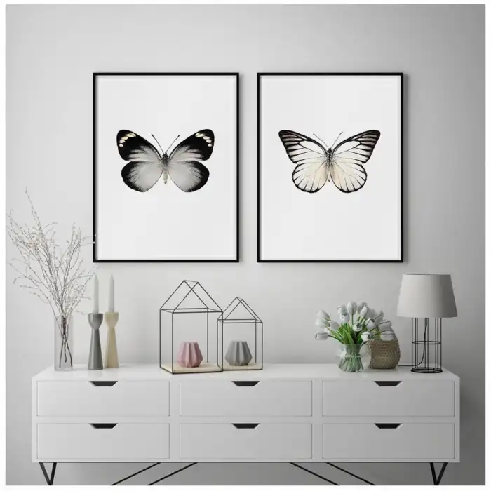Siyah Beyaz Kelebek 2’li Poster Tablo Seti