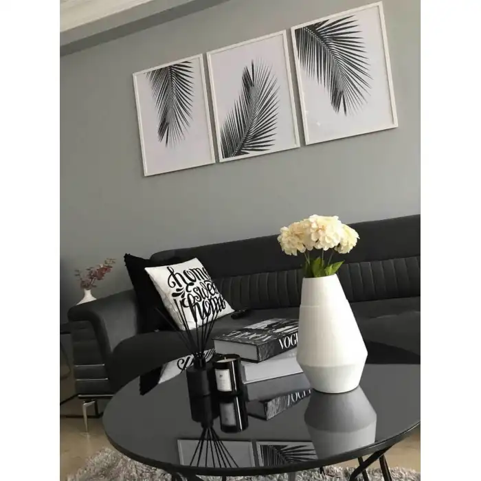 Siyah Beyaz Palmiye Yaprağı 3’lü Poster Tablo Seti