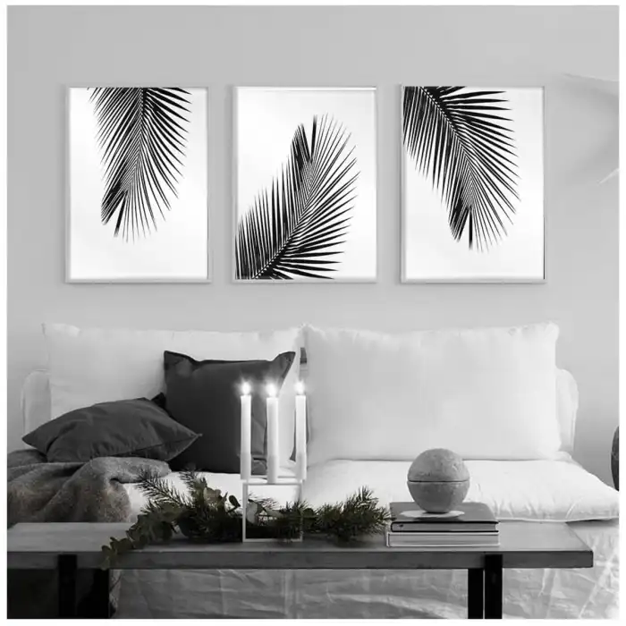 Siyah Beyaz Palmiye Yaprağı 3’lü Poster Tablo Seti