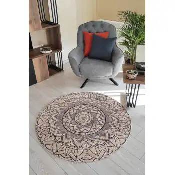 Mandala Desenli Yuvarlak Jüt Örme Doğal Hasır Kilim
