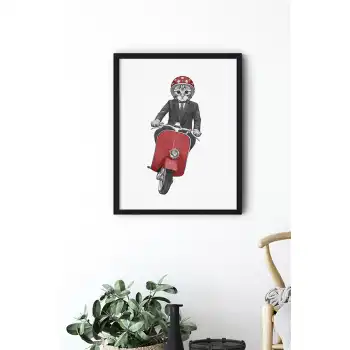 Motosikletli Kedi Poster Tablo