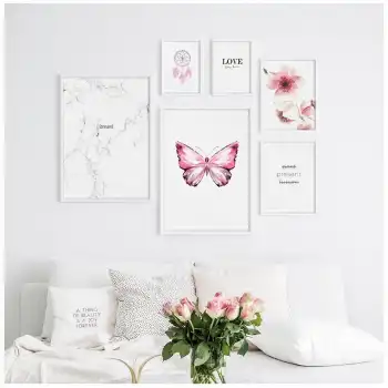 Pembe Kelebek Poster Tablo Seti