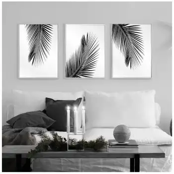 Siyah Beyaz Palmiye Yaprağı 3’lü Poster Tablo Seti
