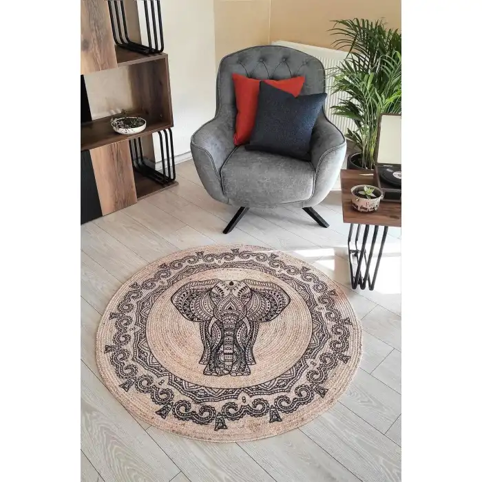 Etnik Fil Desenli Yuvarlak Jüt Örme Doğal Hasır Kilim