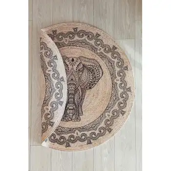 Etnik Fil Desenli Yuvarlak Jüt Örme Doğal Hasır Kilim