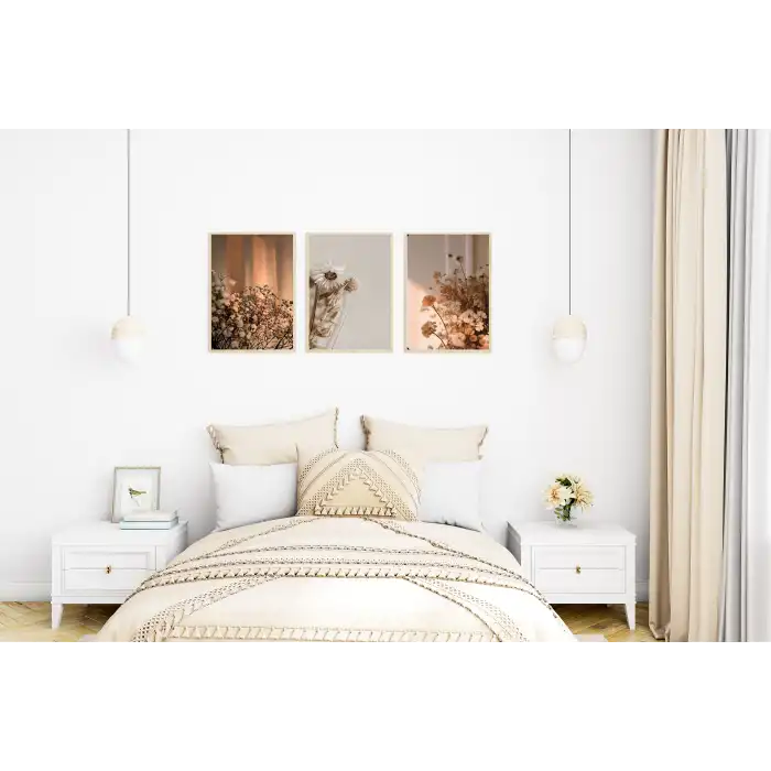 Çiçekli Fon 3’lü Poster Tablo Seti