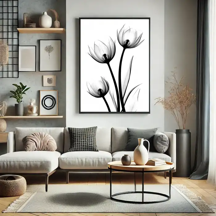 Minimalist Siyah-Beyaz Çiçek Poster Tablo