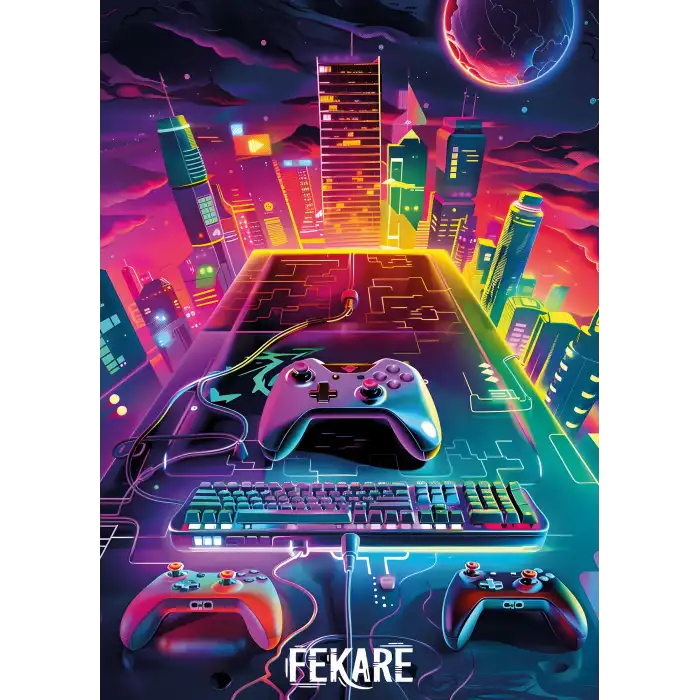 Neon Şehir Gaming Setup Poster Tablo