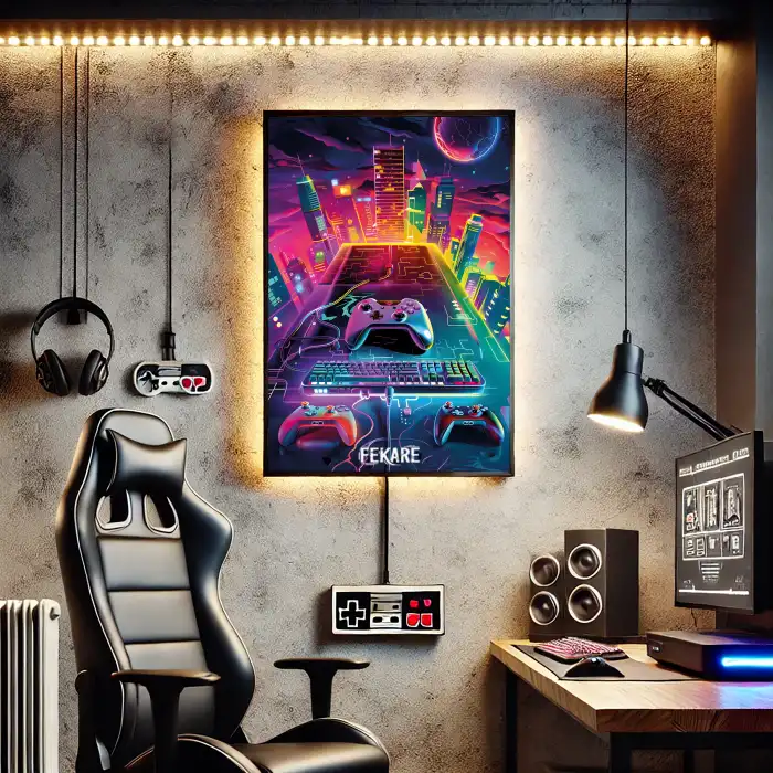 Neon Şehir Gaming Setup Poster Tablo