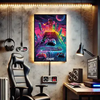 Neon Şehir Gaming Setup Poster Tablo