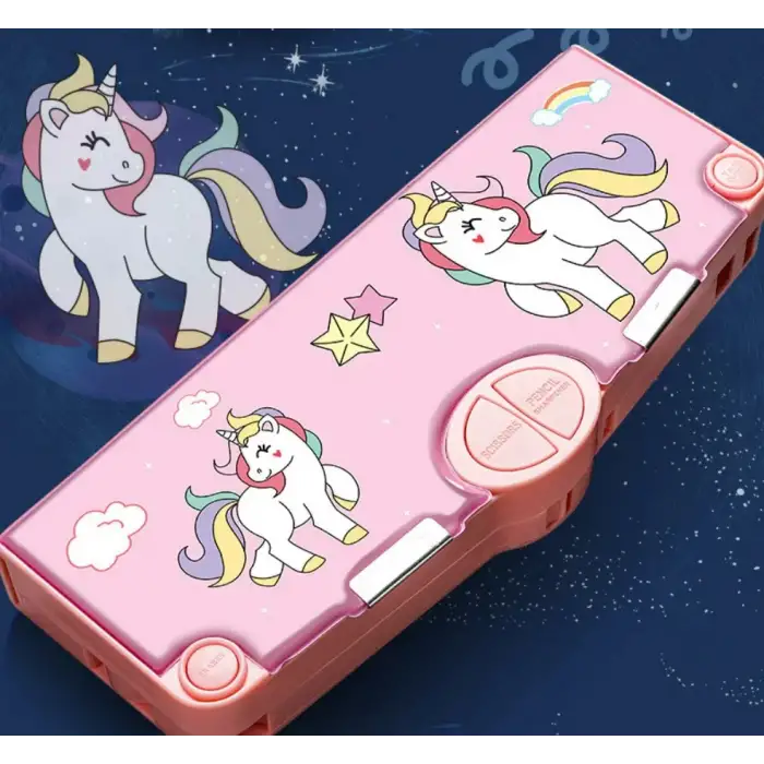 Kalem Kutusu cetvelli, makaslı , kalem traşlı, silgi ve bantlı, Otomatik ( Unicorn ve Uzay )