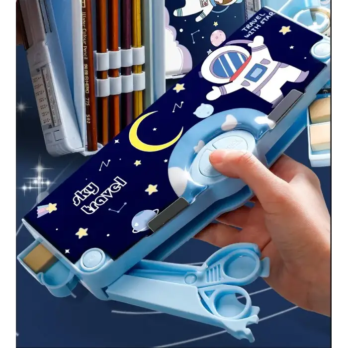 Kalem Kutusu cetvelli, makaslı , kalem traşlı, silgi ve bantlı, Otomatik ( Unicorn ve Uzay )