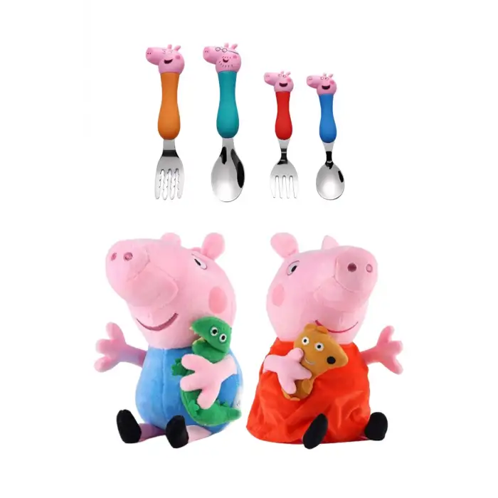 Peppa Pig Ailesi Çatal Kaşık Seti + Peppa Ve Kardeşi George 25 Cm 2li Peluş Oyuncak