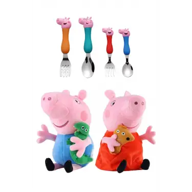 Peppa Pig Ailesi Çatal Kaşık Seti + Peppa Ve Kardeşi George 25 Cm 2li Peluş Oyuncak
