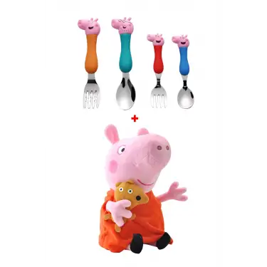 Peppa Pig Ailesi 4’lü Çatal Kaşık Seti + Peppa Pig 25 Cm Peluş Oyuncak