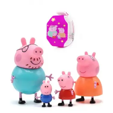 Peppa Pig Ailesi 4 lü figür ve Peppa Ailesi Led Saat ( 2 li paket )
